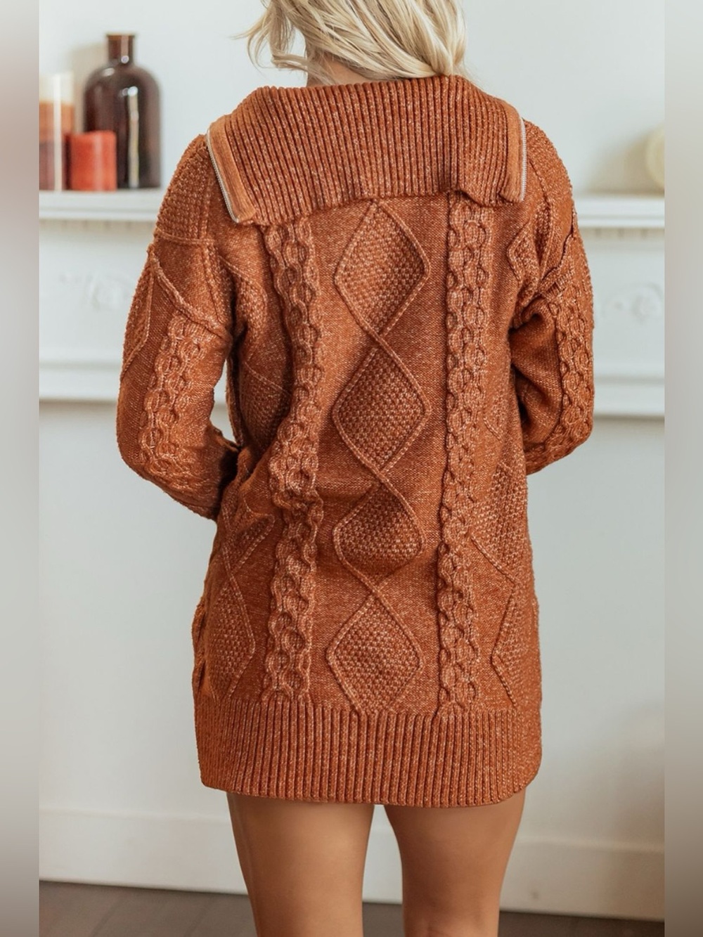 Zip-Up Cable Knit Drop Shoulder Sweater Dress - Picture 4 of 15